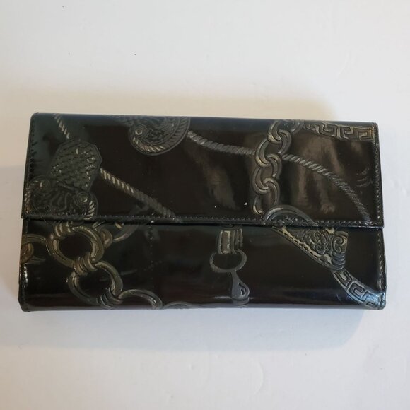 Vintage Italian Leather Wallet with Chain Rope Black Flowers and Balls Design - Picture 2 of 8